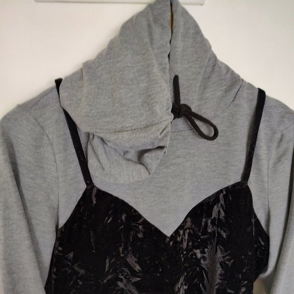 Noisy May Black spaghetti full sleeve velvet dress with grey hoodie attached in - Picture 7 of 13